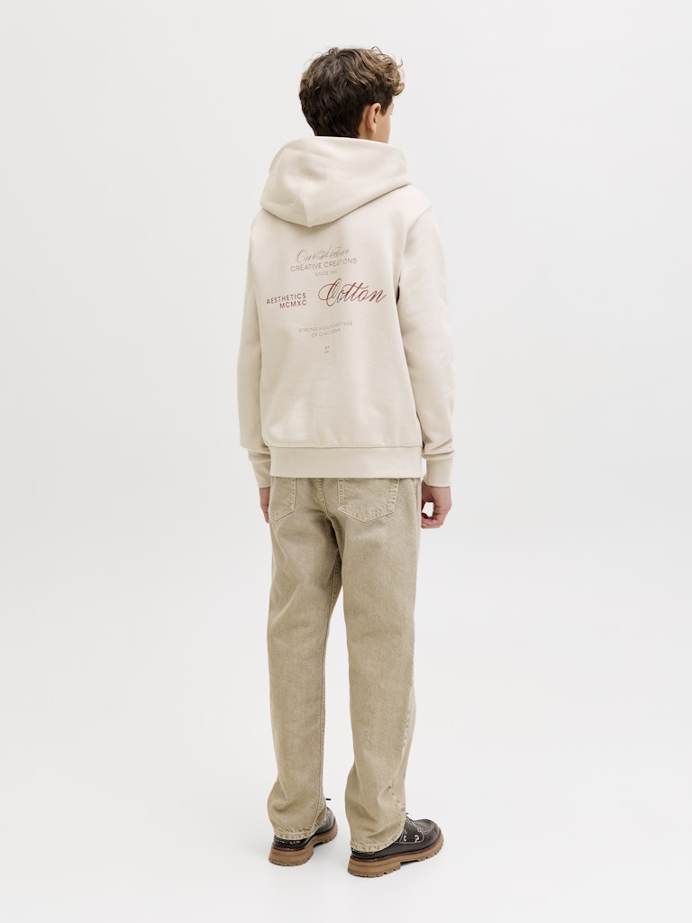 Jack and Jones Junior lasten huppari JJROAR SWEAT HOOD JNR, beige, on vaalean beige, pehmeää materiaalia oleva huppari, jossa on selkäpuolella hillitty kirjailu ja rento leikkaus.