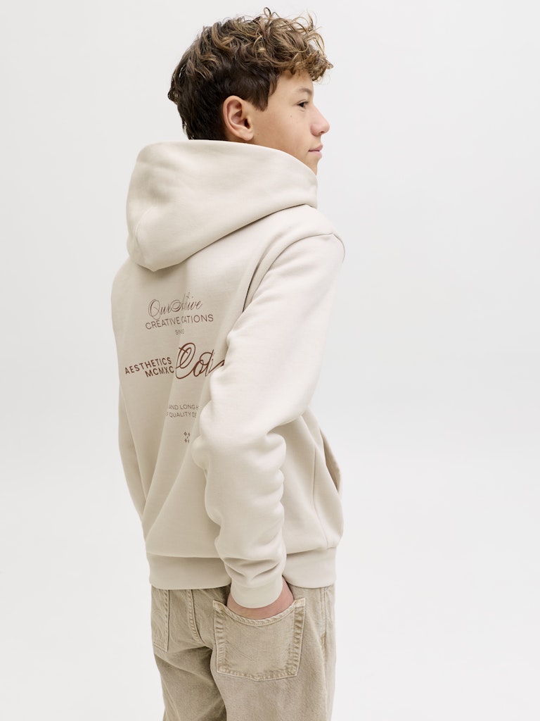 Jack and Jones Junior lasten huppari JJROAR SWEAT HOOD JNR, beige sävyinen pehmeä puuvillasekoitemateriaali, edestä taskullinen ja takana minimalistinen printti, rento istuvuus.