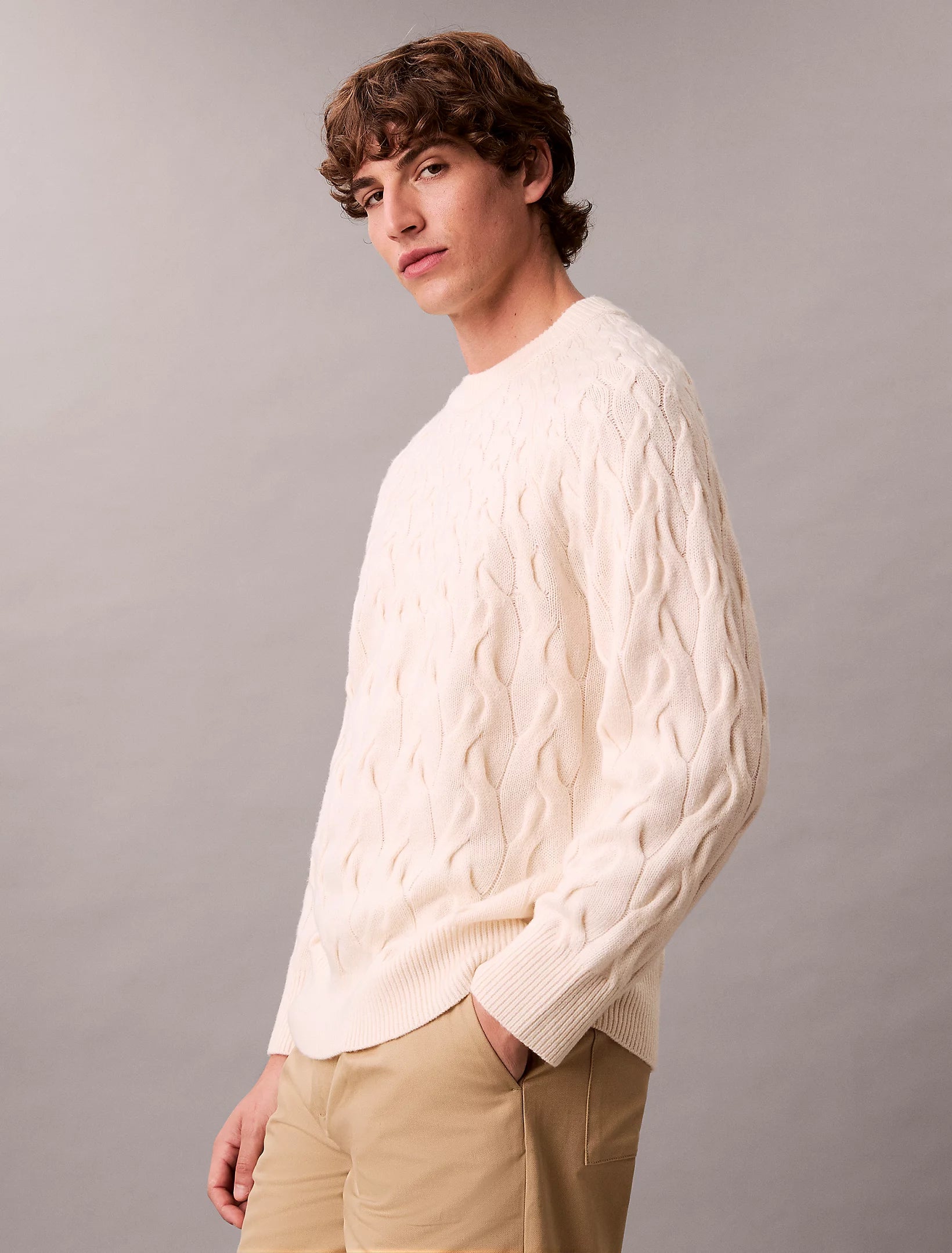 Calvin Klein Menswear miesten neulepaita LS LAMBSWOOL BLENDCABLE CREWNK, luonnonvalkoinen