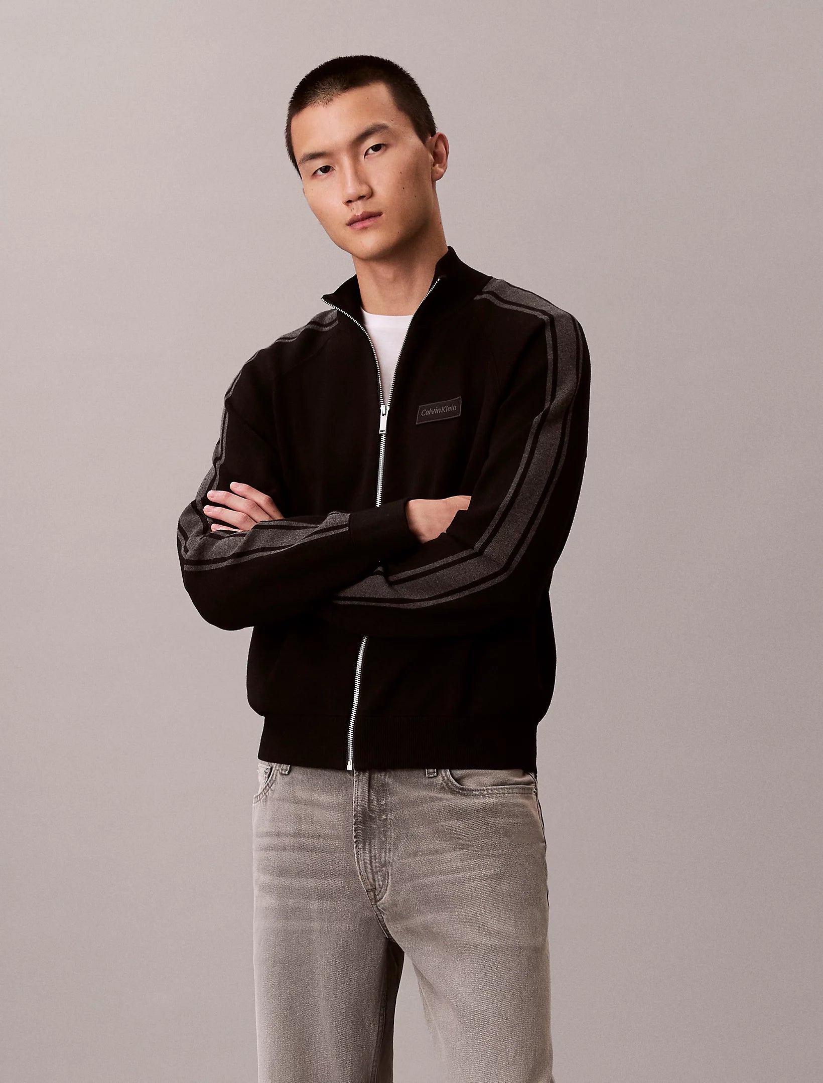 Calvin Klein miesten neuletakki LS Tech Knit Track Jacket FZ SWT, musta