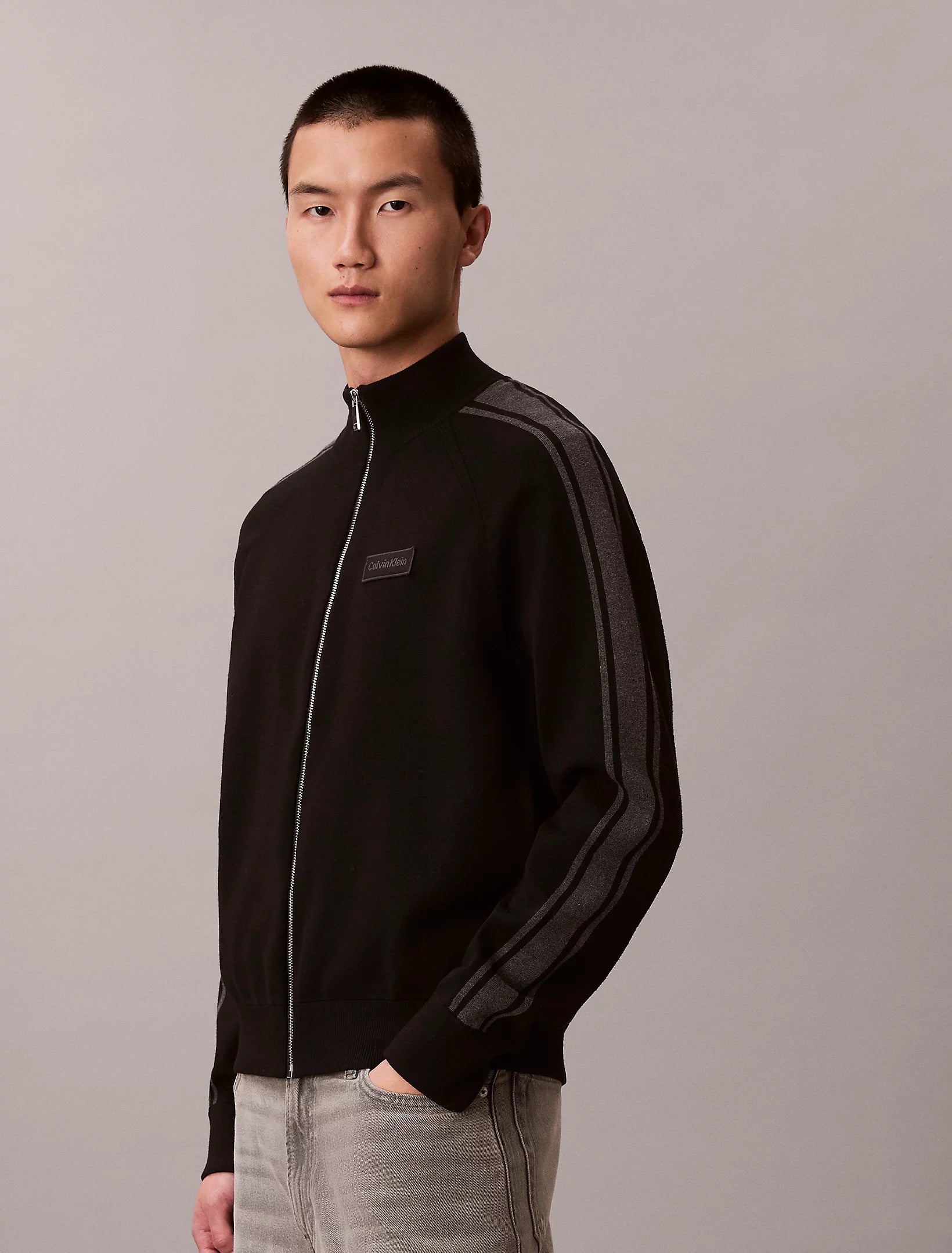 Calvin Klein miesten neuletakki LS Tech Knit Track Jacket FZ SWT, musta