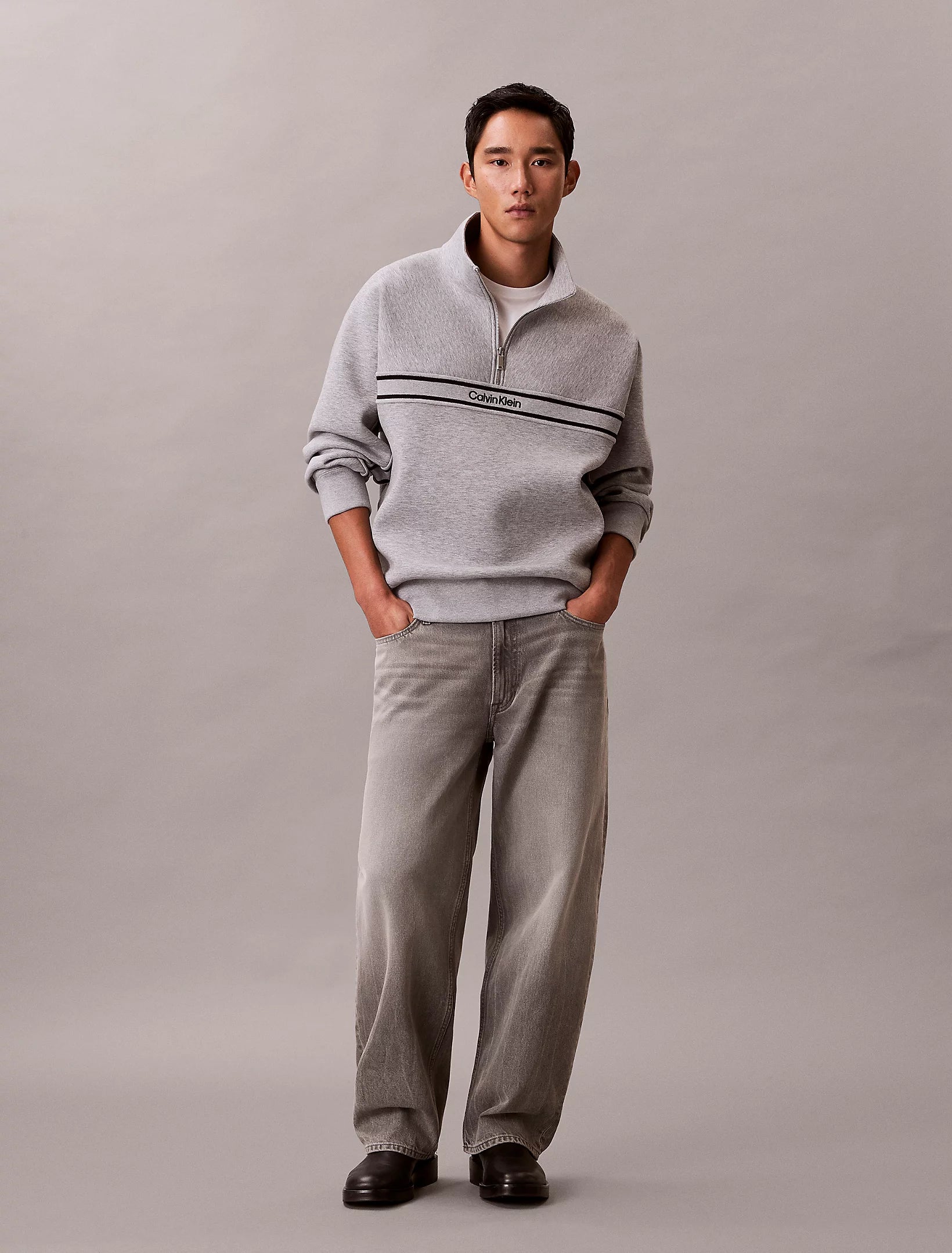 Calvin Klein Jeans miesten collegepaita LS Cotton Spacer Stripe Rib QTR, vaaleanharmaa