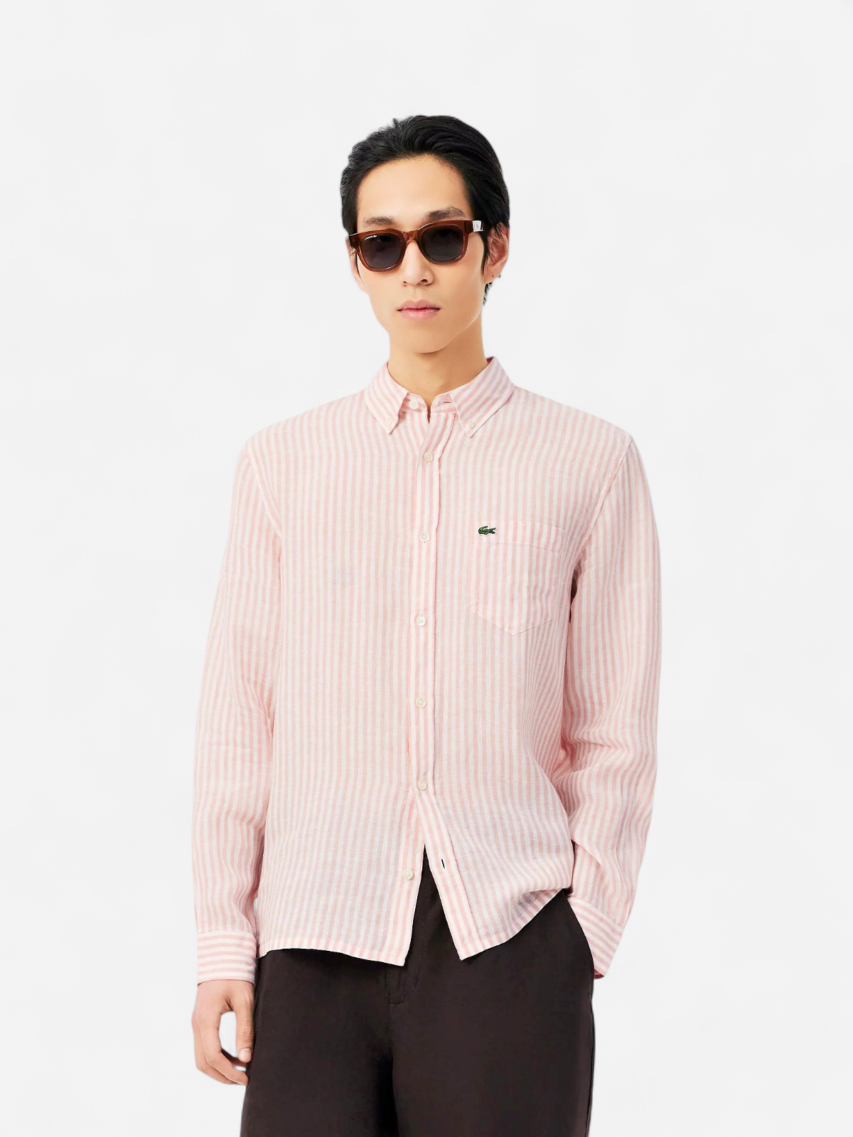 Lacoste miesten kauluspaita Reg Fit Striped Linen Shirt, raidallinen pinkki - Kekäle.fi