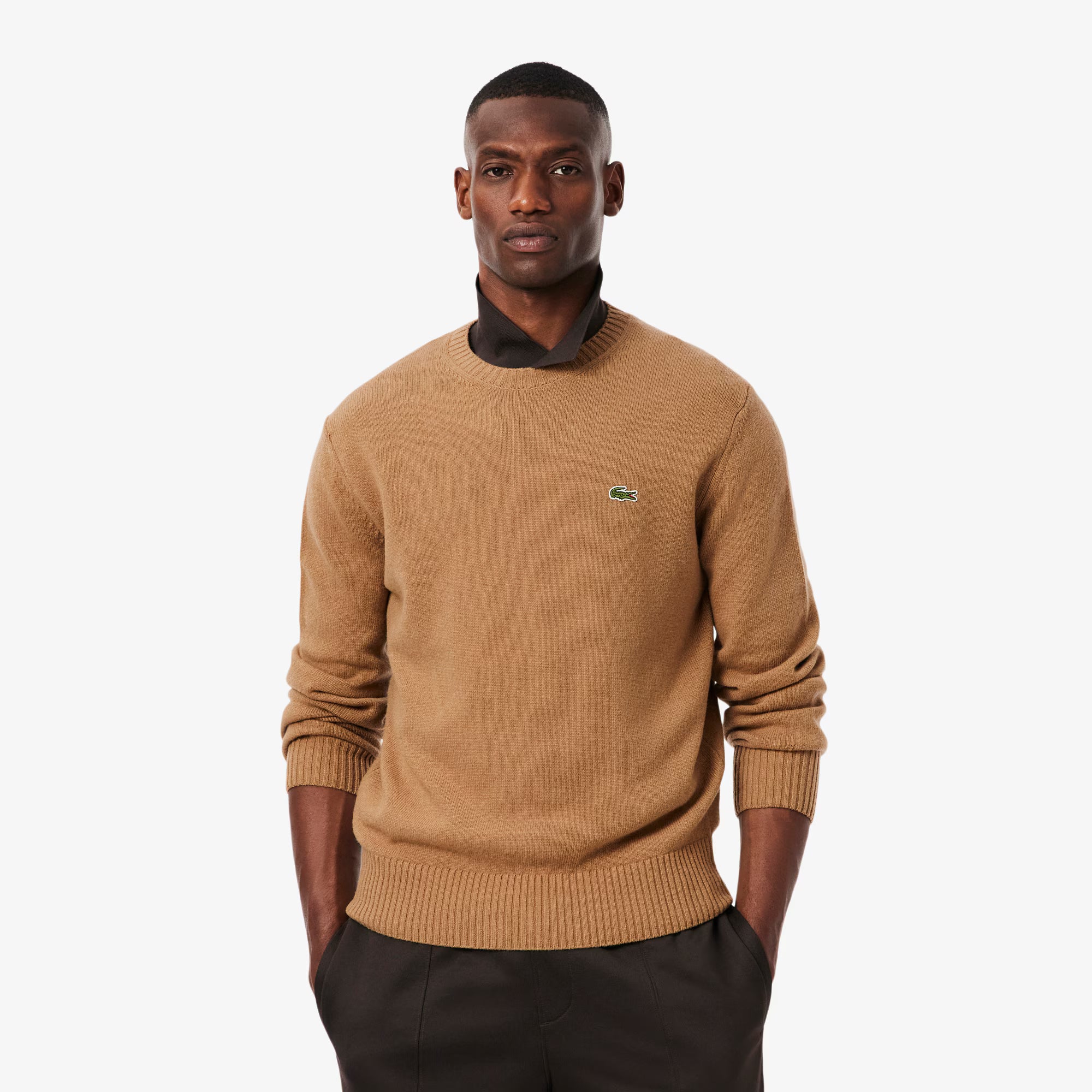 Lacoste miesten neulepusero K MONOCHROME CARDED WOOL NECK SWEATER, kameli