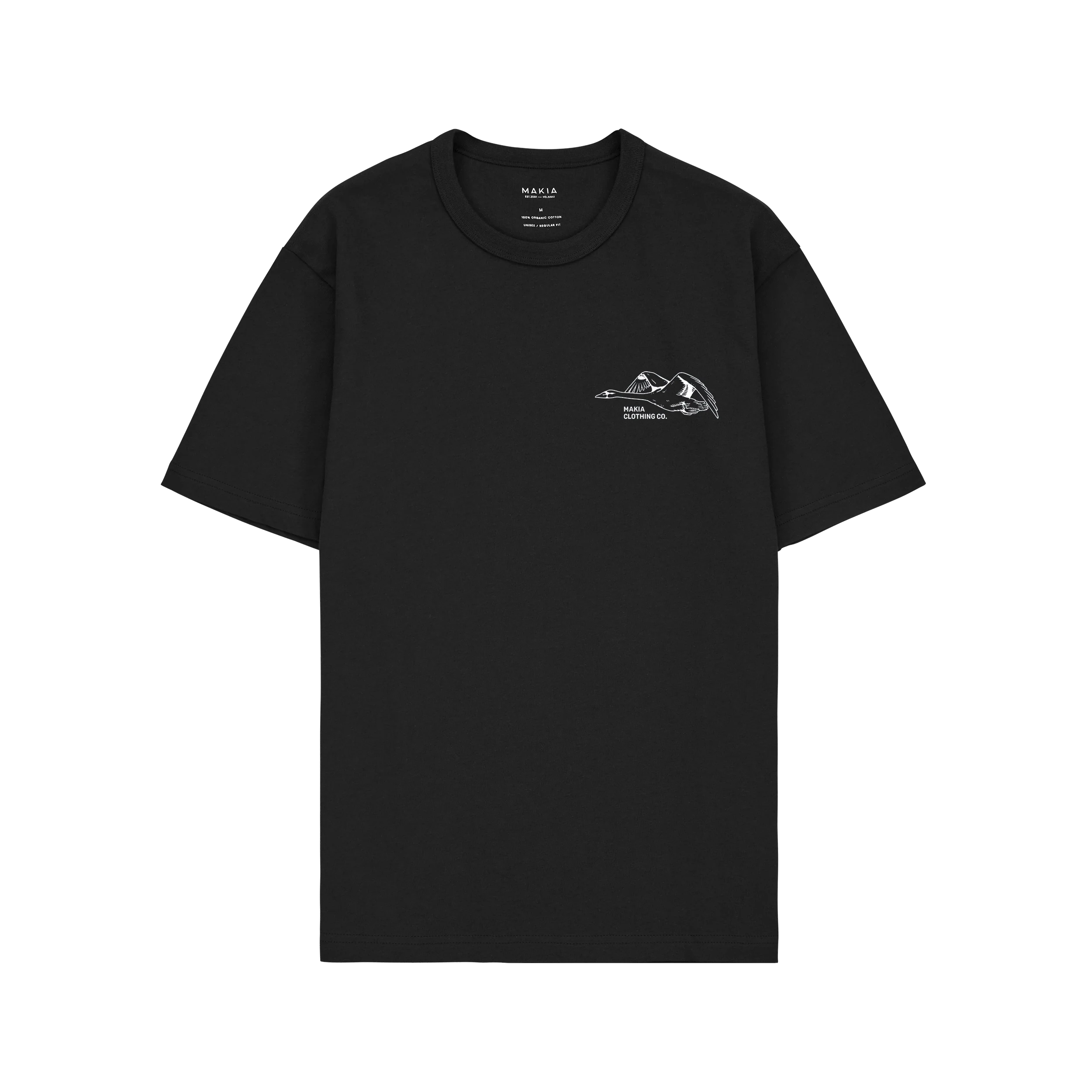 Makia miesten t-paita Swans T-shirt, musta, lyhythihainen malli, pyöreä pääntie ja edessä pieni valkoinen joutsenaiheinen painatus, valmistettu laadukkaasta materiaalista.