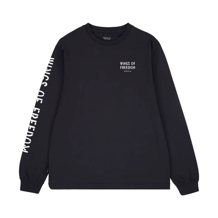 Makia miesten pitkähihainen paita Wings Long Sleeve, musta, suoraleikkauksella ja pyöreällä pääntiellä, pehmeää ja kestävää materiaalia, valkoiset tekstit edessä ja vasemmassa hihassa.