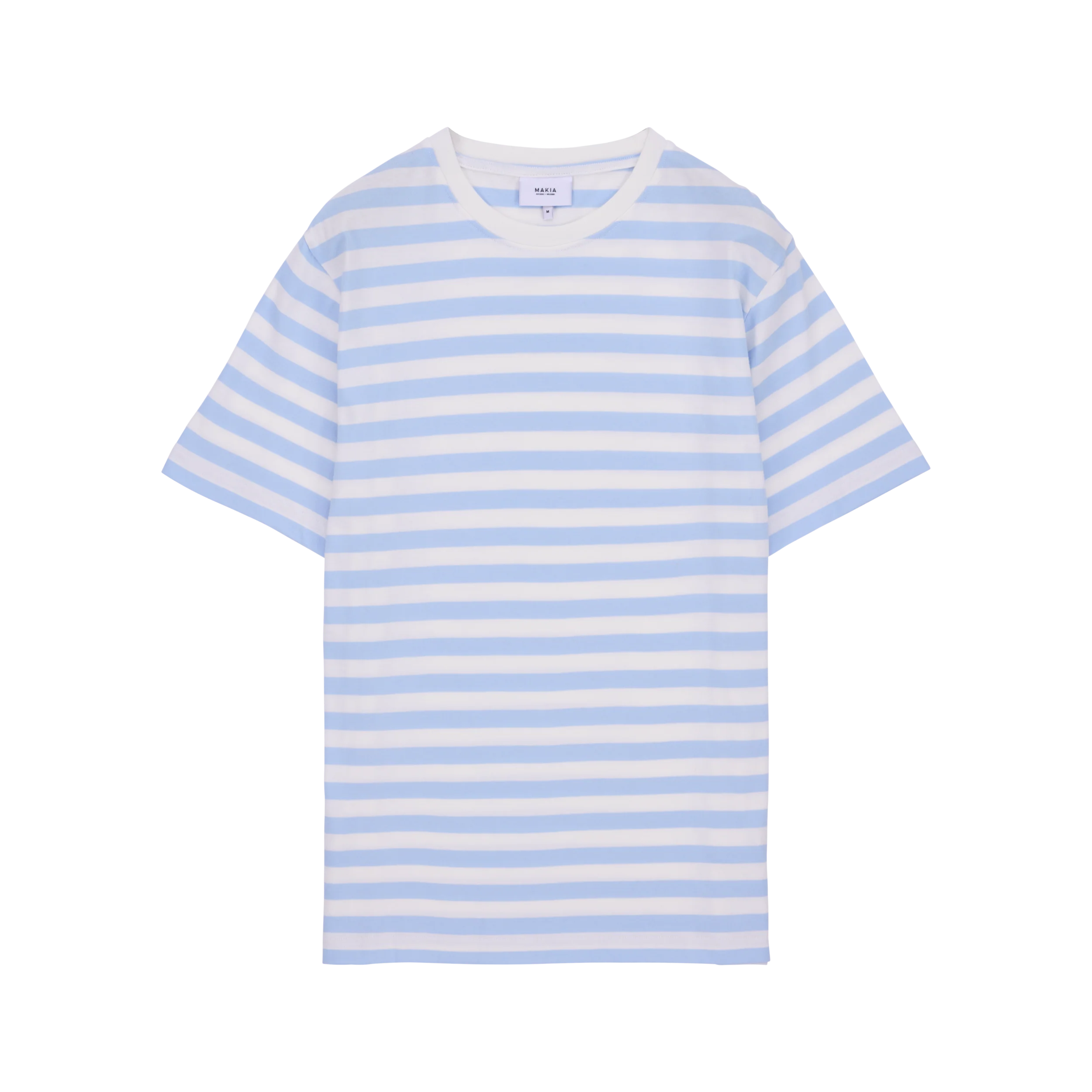 Makia miesten t-paita Verkstad T-shirt, raidallinen valkoinen, pehmeästä ja hengittävästä materiaalista valmistettu suoraleikkauksinen t-paita, jossa vaaleansinivalkoinen raitakuosi ja pyöreä pääntie.