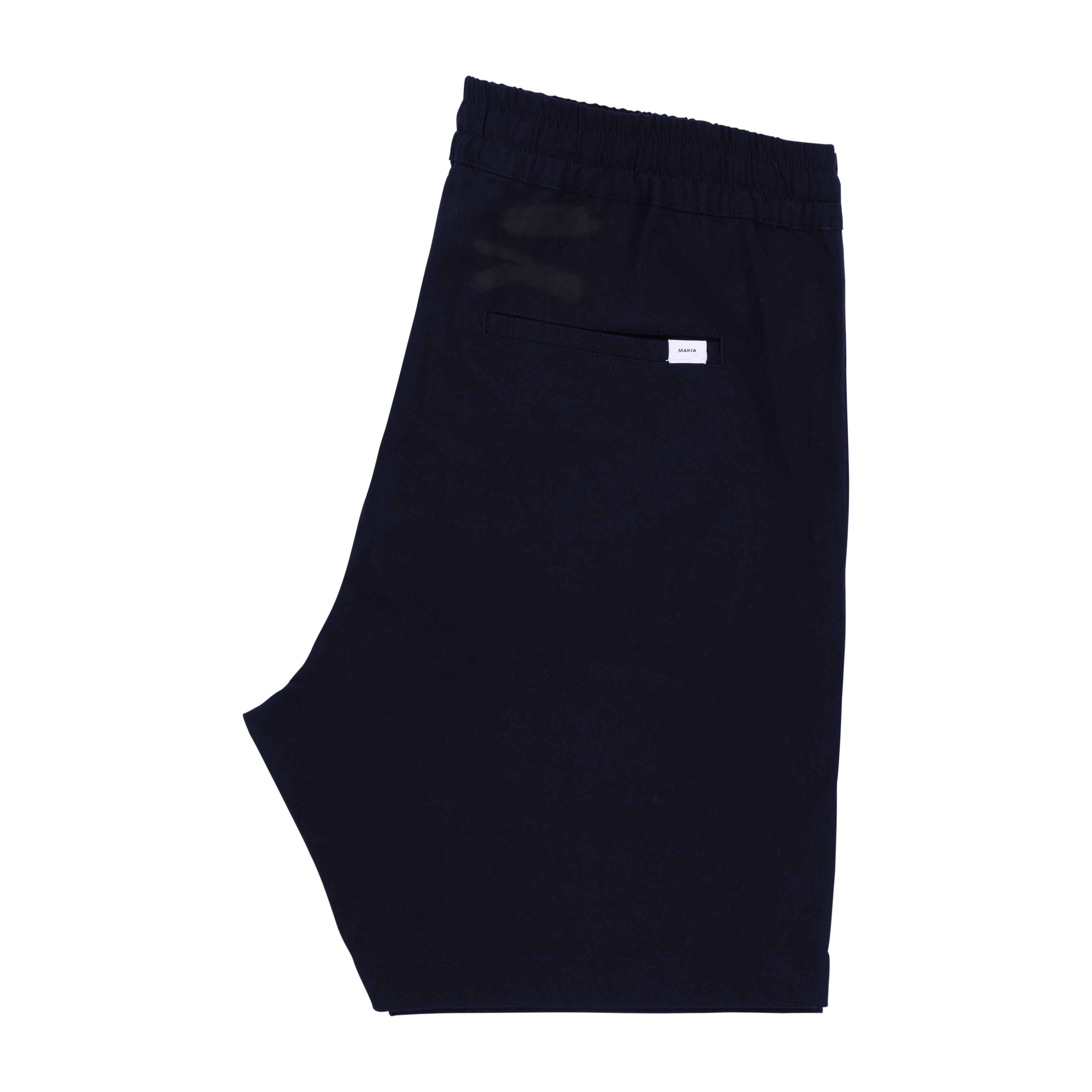 Makia miesten shortsit Shadow Hybrid Shorts, tummansininen, suoraleikkauksella, joustavalla vyötäröllä ja yhdistetyllä materiaaliyhdistelmällä, takana pieni tunnuslappu.