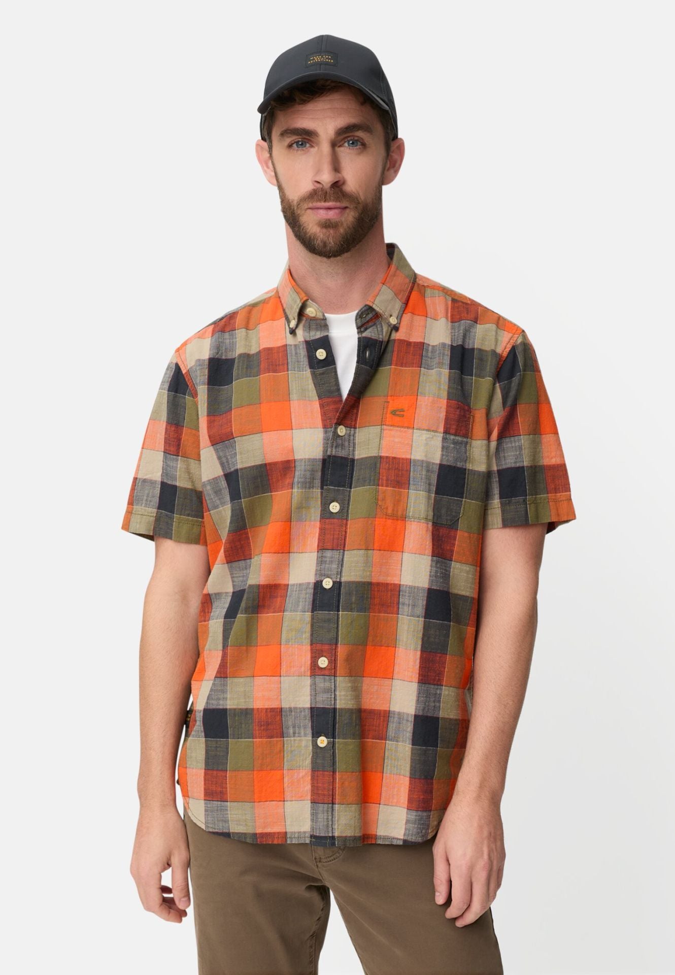 Camel Active miesten lyhythihainen kauluspaita Checked Shirt Los, oranssi ruutu