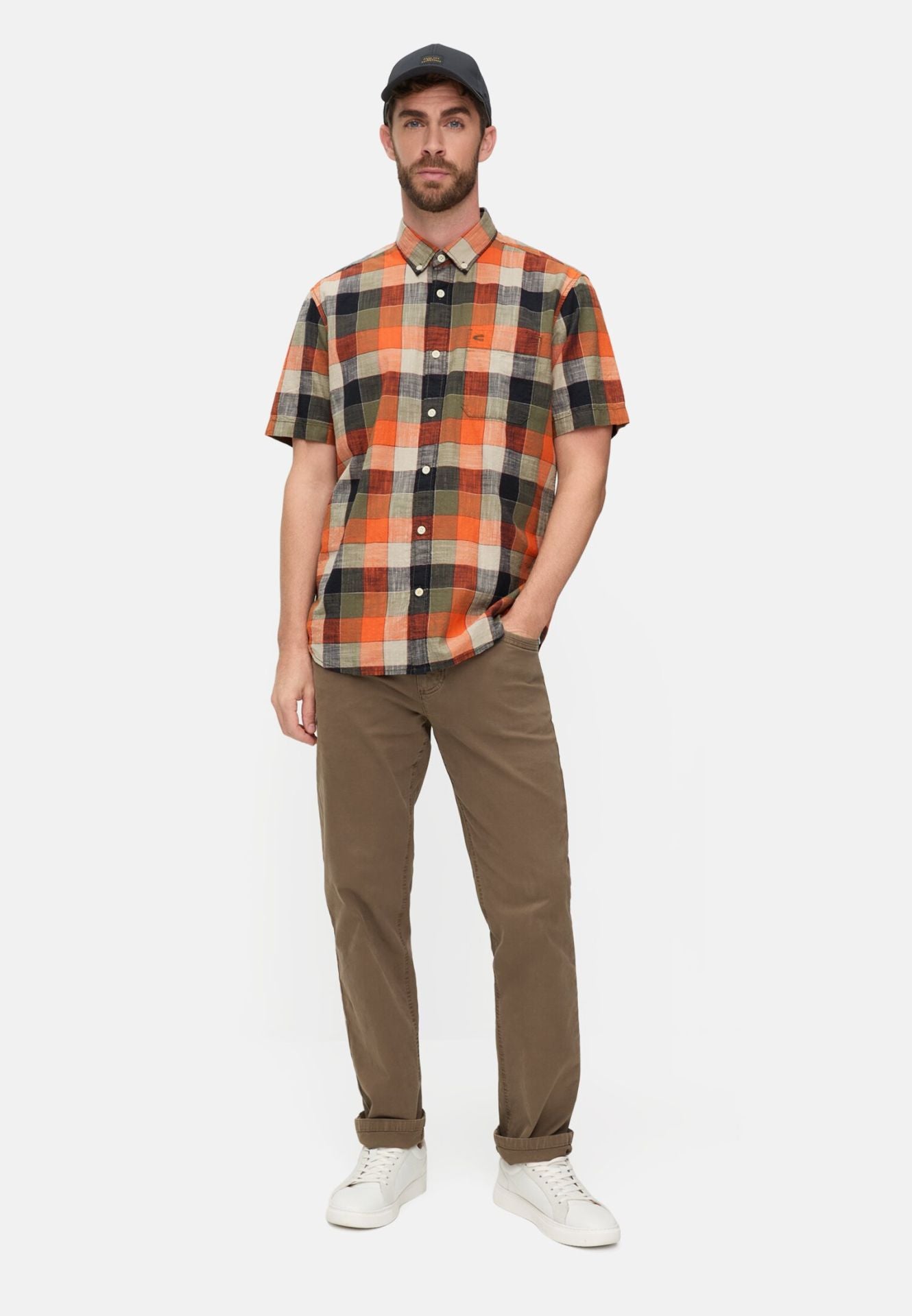 Camel Active miesten lyhythihainen kauluspaita Checked Shirt Los, oranssi ruutu