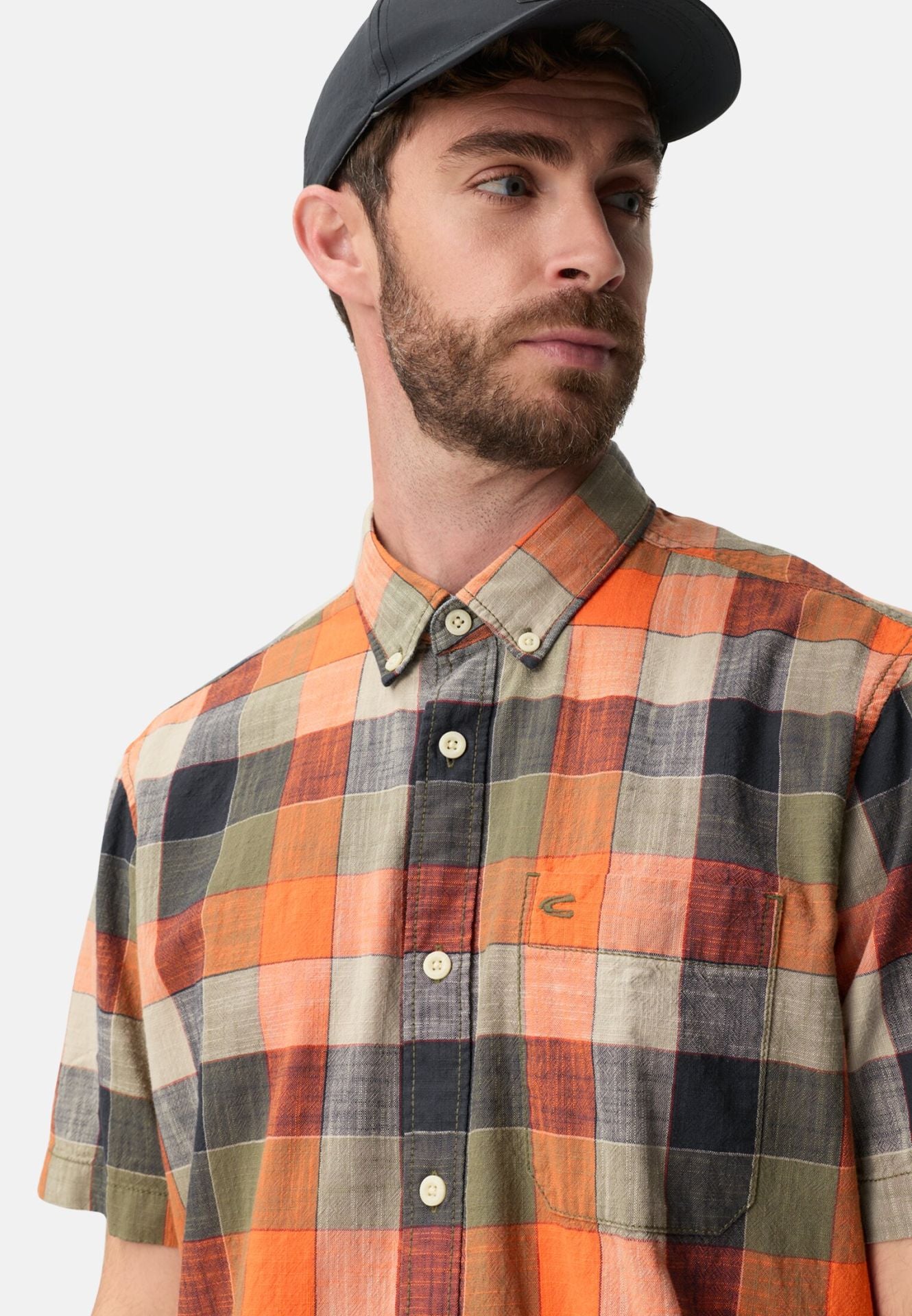 Camel Active miesten lyhythihainen kauluspaita Checked Shirt Los, oranssi ruutu