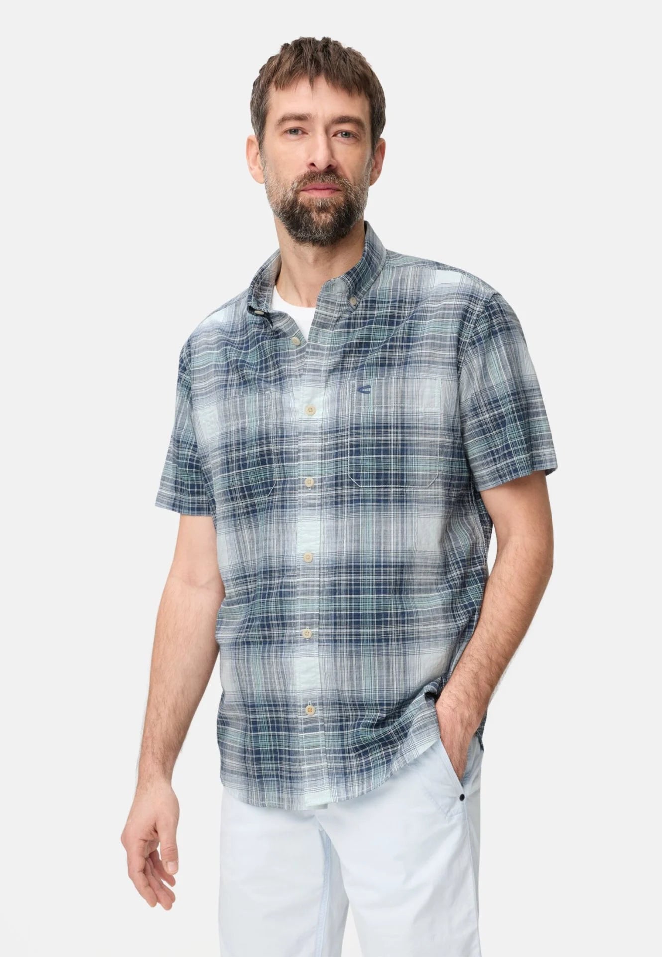 Camel Active miesten lyhythihainen kauluspaita Checked SS Shirt, sininen ruutu