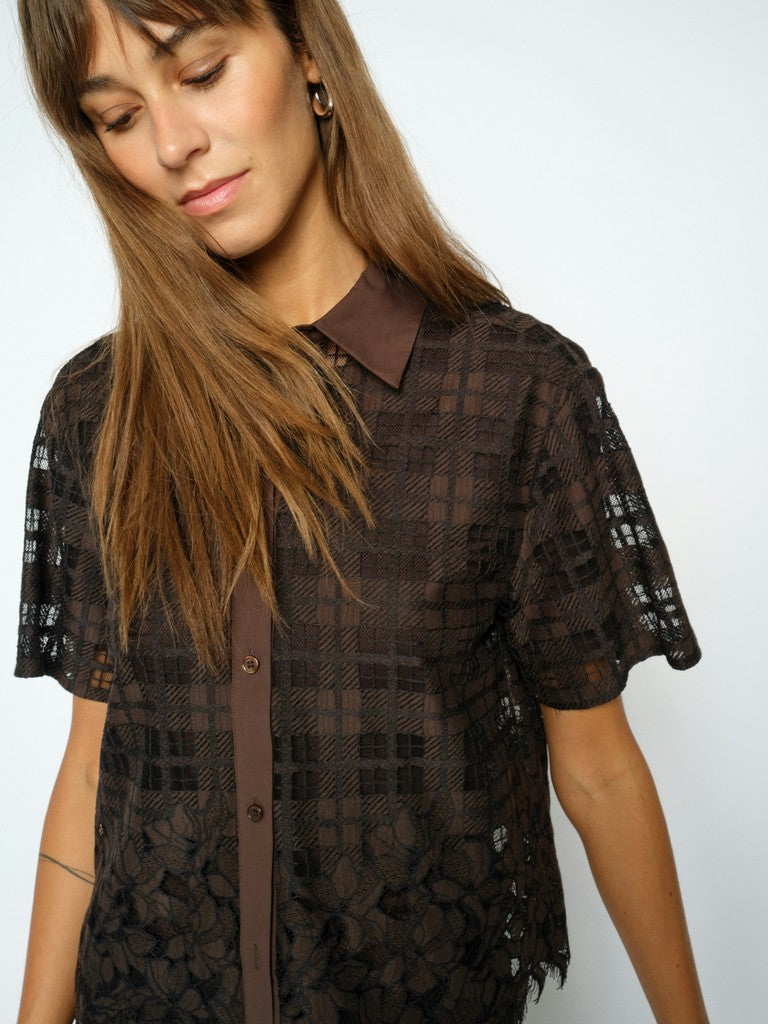 Mos Mosh naisten kauluspaita Lia River Lace Shirt, ruskea kuosi