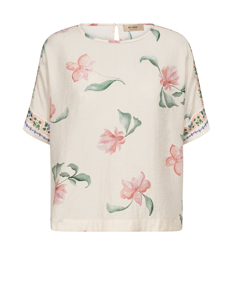 Mos Mosh naisten pusero Palma Big Orchid Blouse, valkopohjainen kuosi, väljä pyöreä pääntie, lyhyet hihat ja vaaleanpunaiset kukat vihrein lehtikuvioin