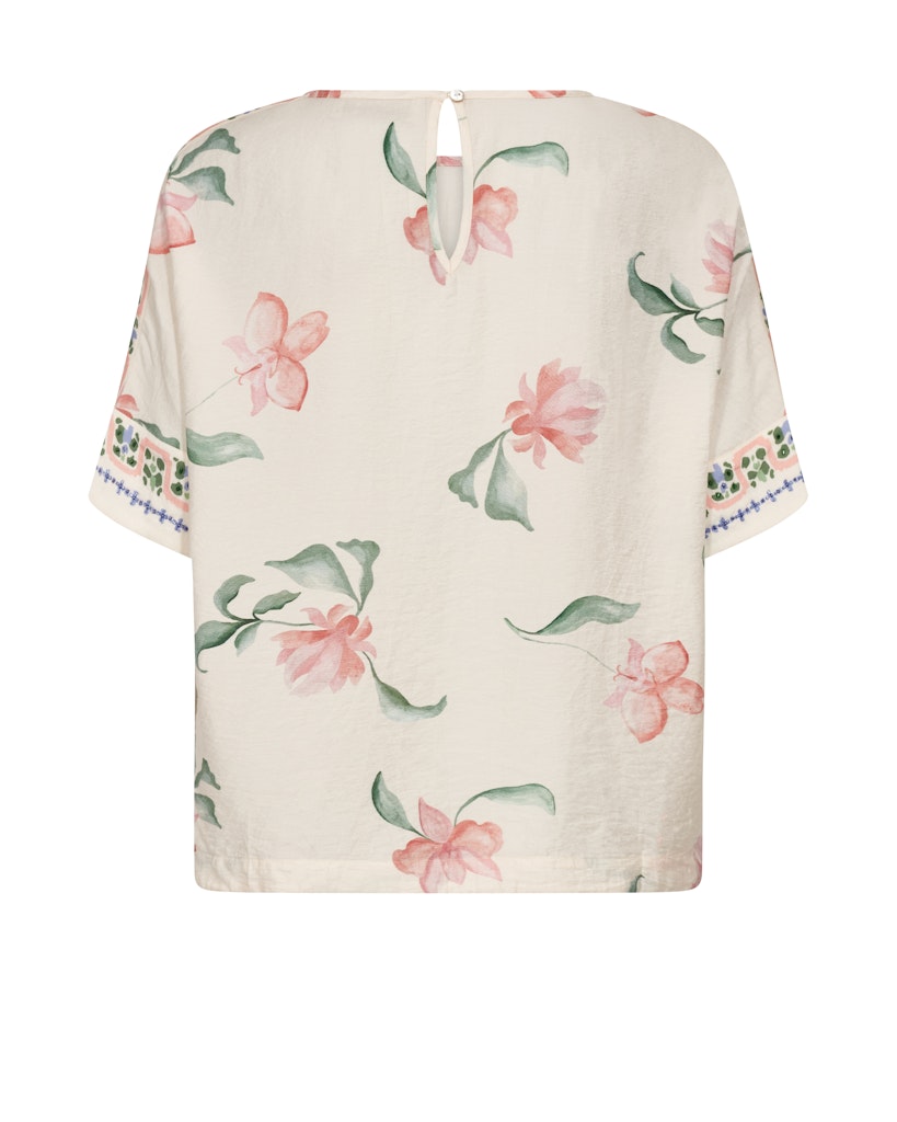 Mos Mosh naisten pusero Palma Big Orchid Blouse, valkopohjainen kuosi, vaaleanpunaiset kukat ja vihreät lehdet, pyöreä pääntie ja lyhyet hihat