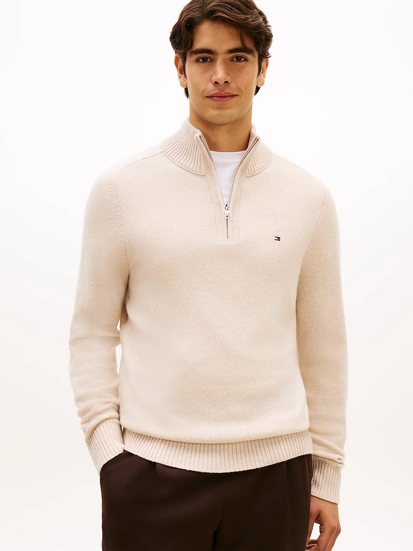 Tommy Hilfiger miesten neulepaita Lambswool Zip Mock, beige