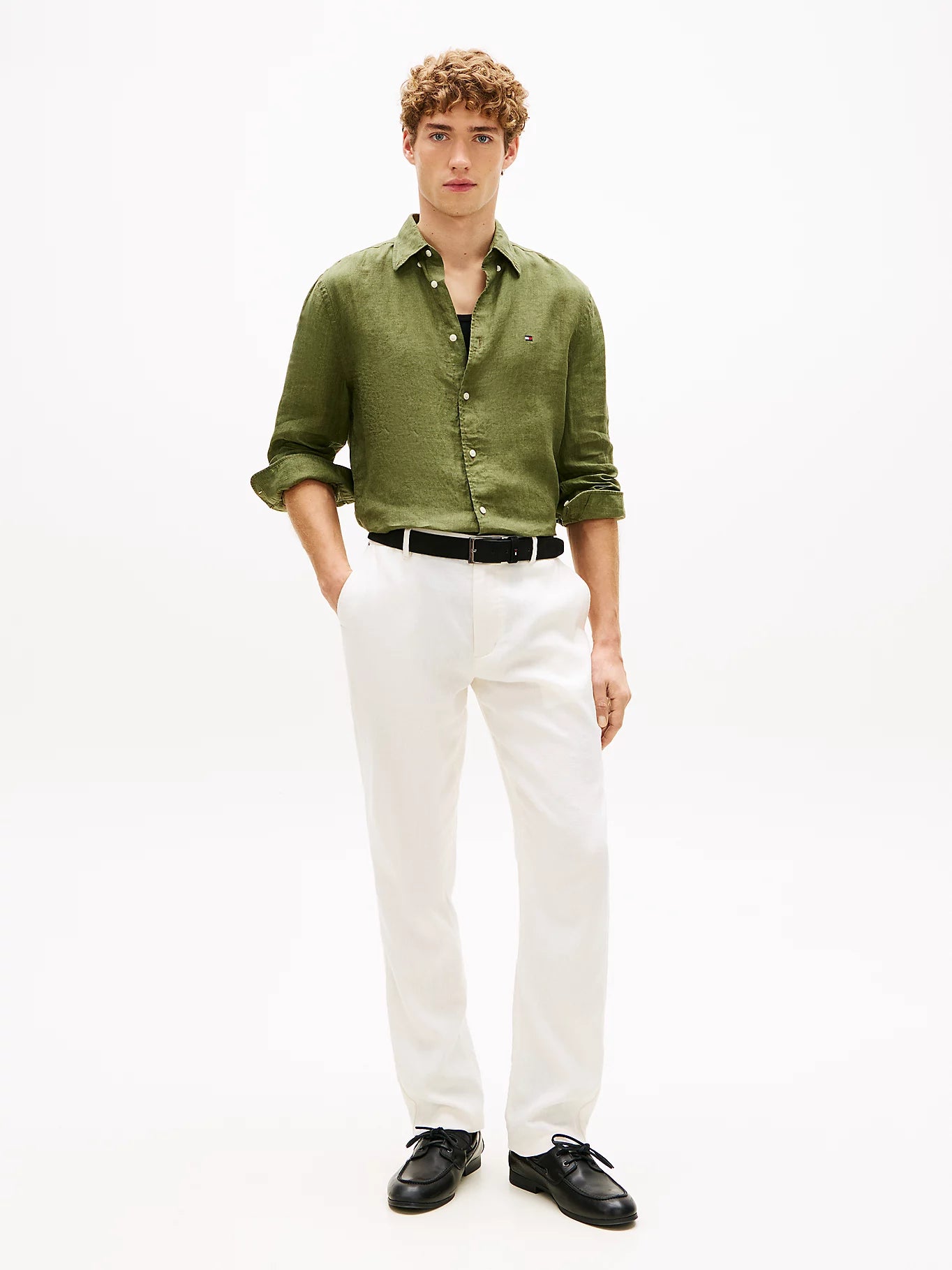 Tommy Hilfiger miesten Kauluspaita Pigment Dyed Linen Solid RF Shirt, tummanvihreä