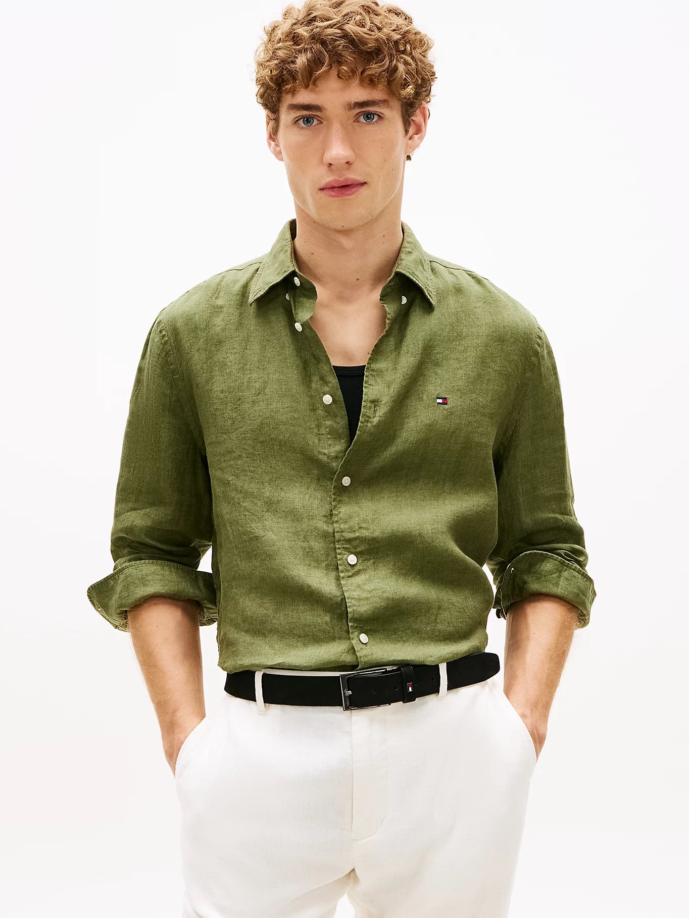 Tommy Hilfiger miesten Kauluspaita Pigment Dyed Linen Solid RF Shirt, tummanvihreä