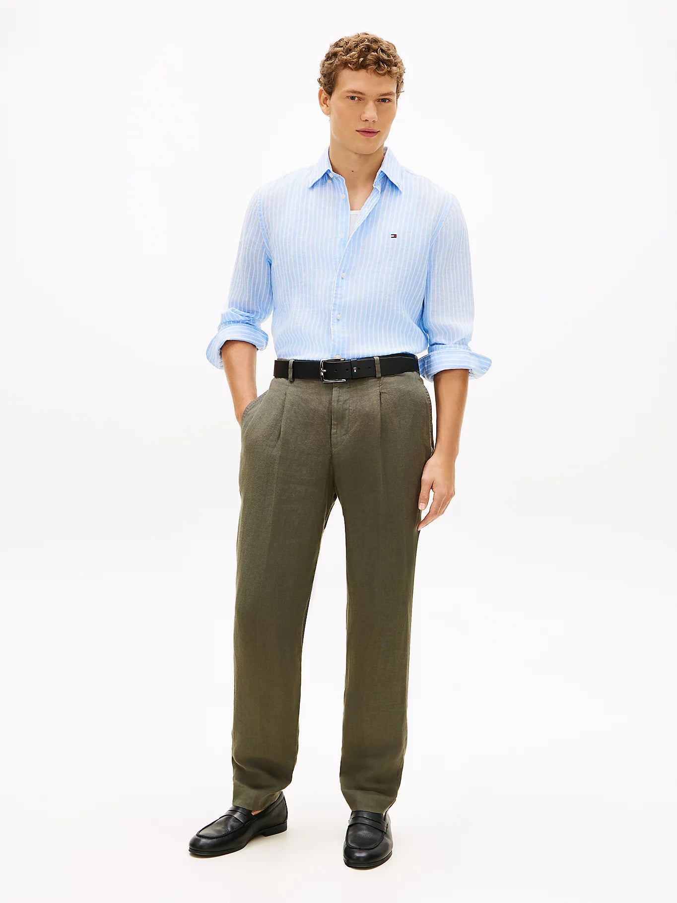 Tommy Hilfiger miesten pellavapaita Linen Bengal Stripe RF Shirt, raidallinen sininen