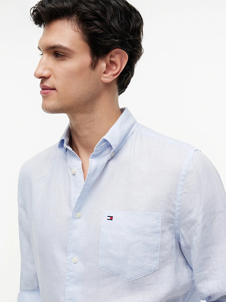 Tommy Hilfiger miesten kauluspaita Pigment Dyed Linen RF Shirt SS, vaaleansininen