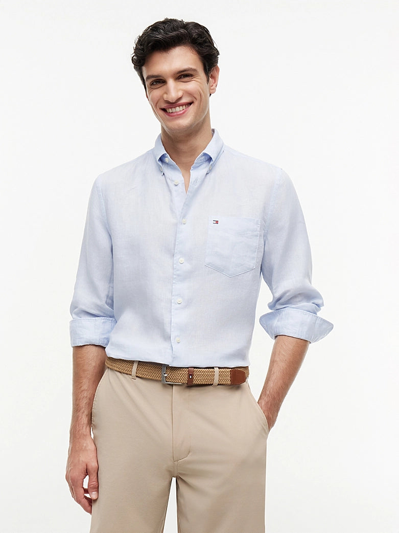 Tommy Hilfiger miesten kauluspaita Pigment Dyed Linen RF Shirt SS, vaaleansininen