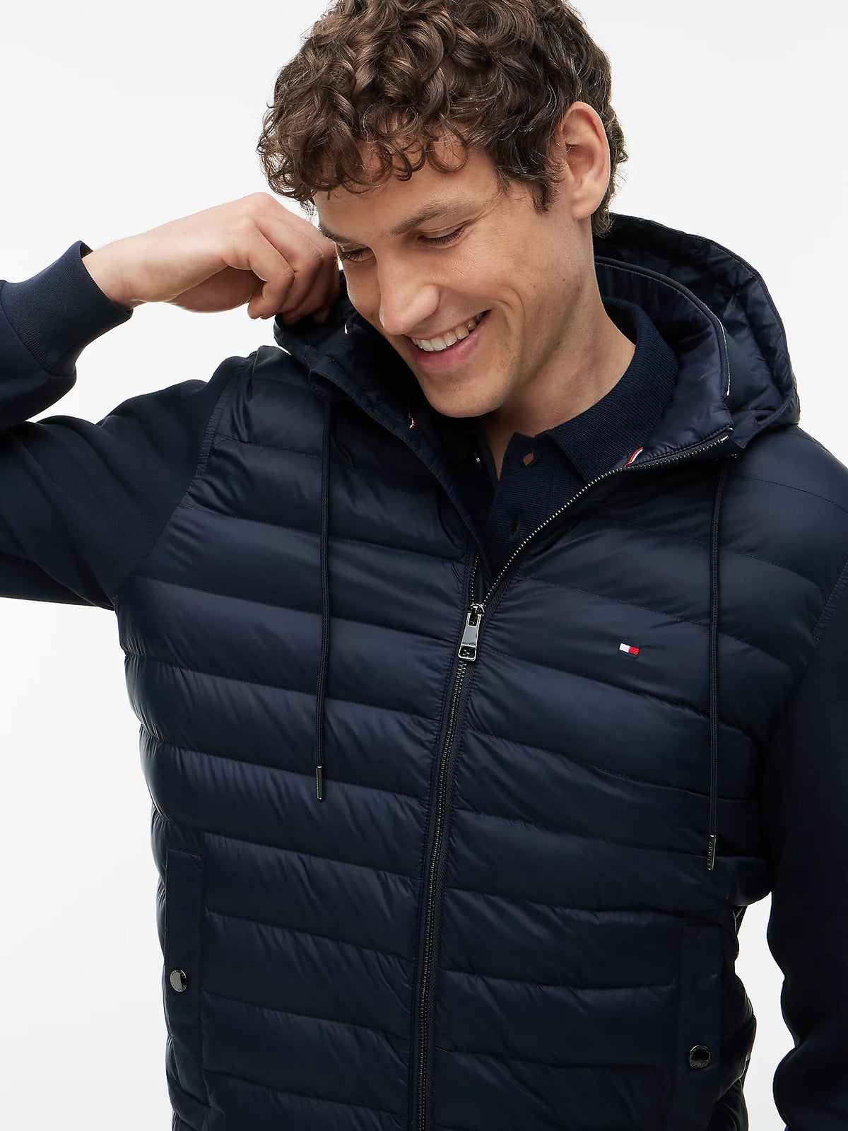 Tommy Hilfiger miesten hybriditakki Mixed Texture Zip-Thru Hooded Sweatshirt, tummansininen