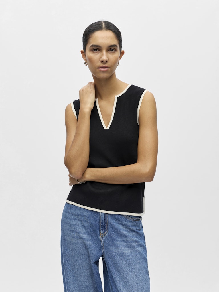 Object naisten toppi OBJVIVA S/L Re V-Neck Knit Top, Black Birch constras