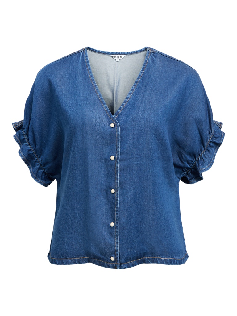 Object naisten pusero OBJFRAME 2/4 V-Neck RE Top, Medium Blue Denim