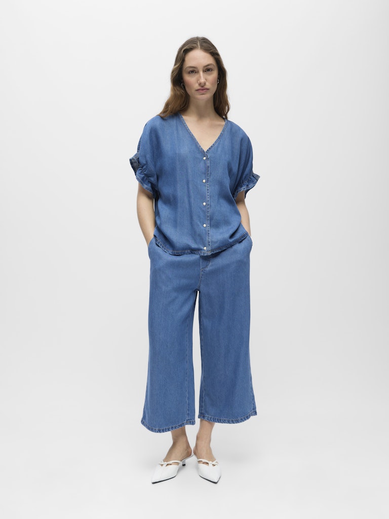 Object naisten pusero OBJFRAME 2/4 V-Neck RE Top, Medium Blue Denim