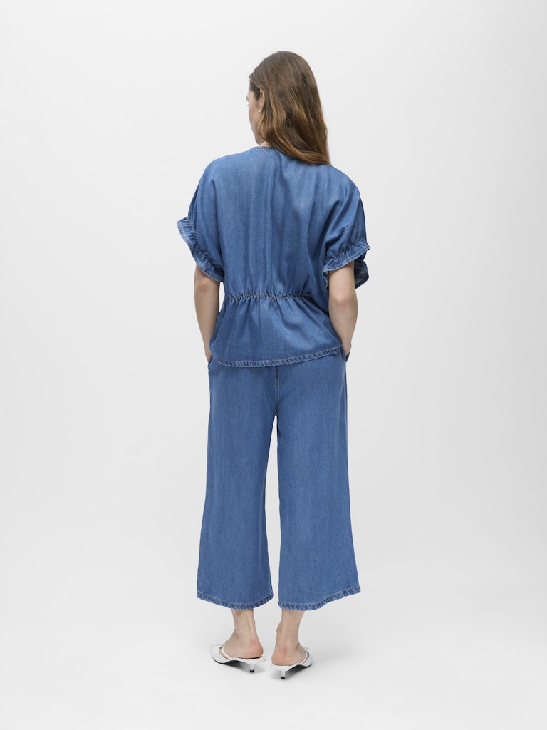 Object naisten pusero OBJFRAME 2/4 V-Neck RE Top, Medium Blue Denim