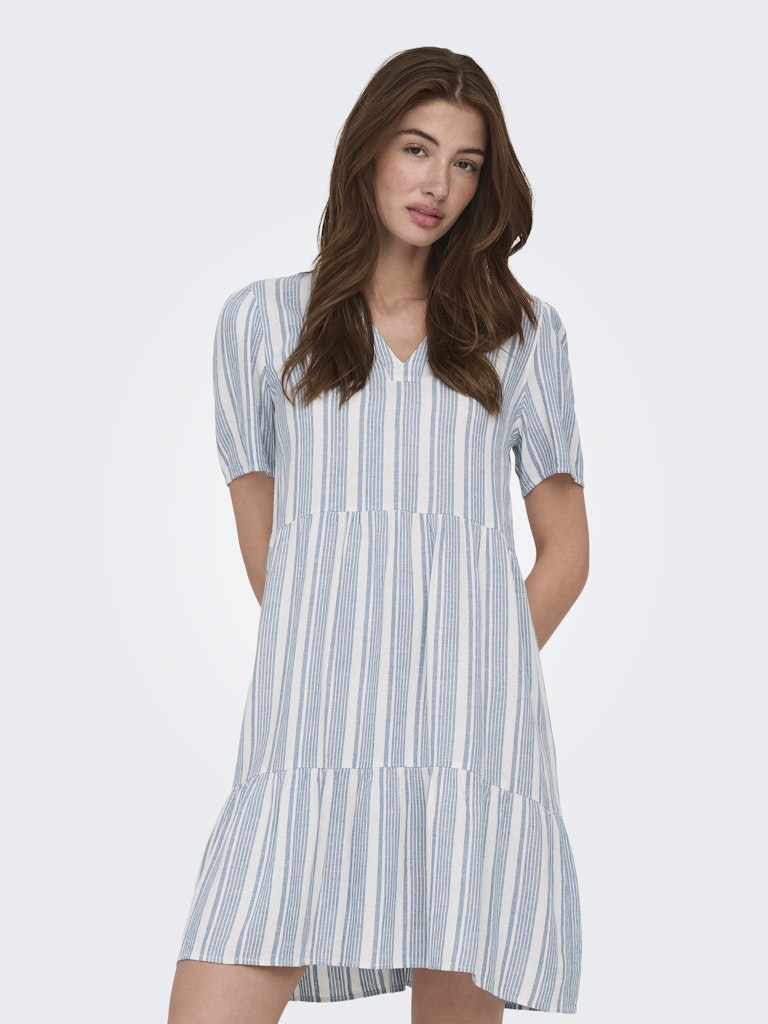 Only naisten mekko ONLTiri-Goa SS V-Neck Lin Dress, raidallinen sininen