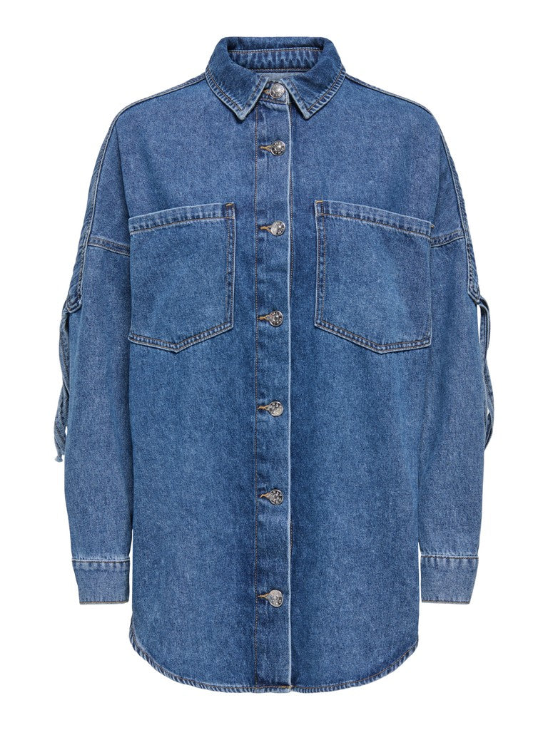 Only naisten farkkutakki Maureen LS Fringe Denim, Sininen, indigo, sininen indigonsävyinen farkkutakki, kaulus, napitus, kaksi rintataskua ja pyöristetty helma