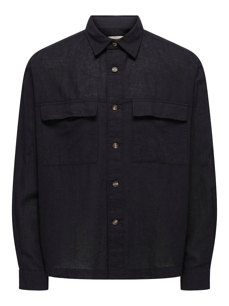 Only and Sons miesten paitatakki ONSCAIDEN LS Overshirt Linen Blend, musta