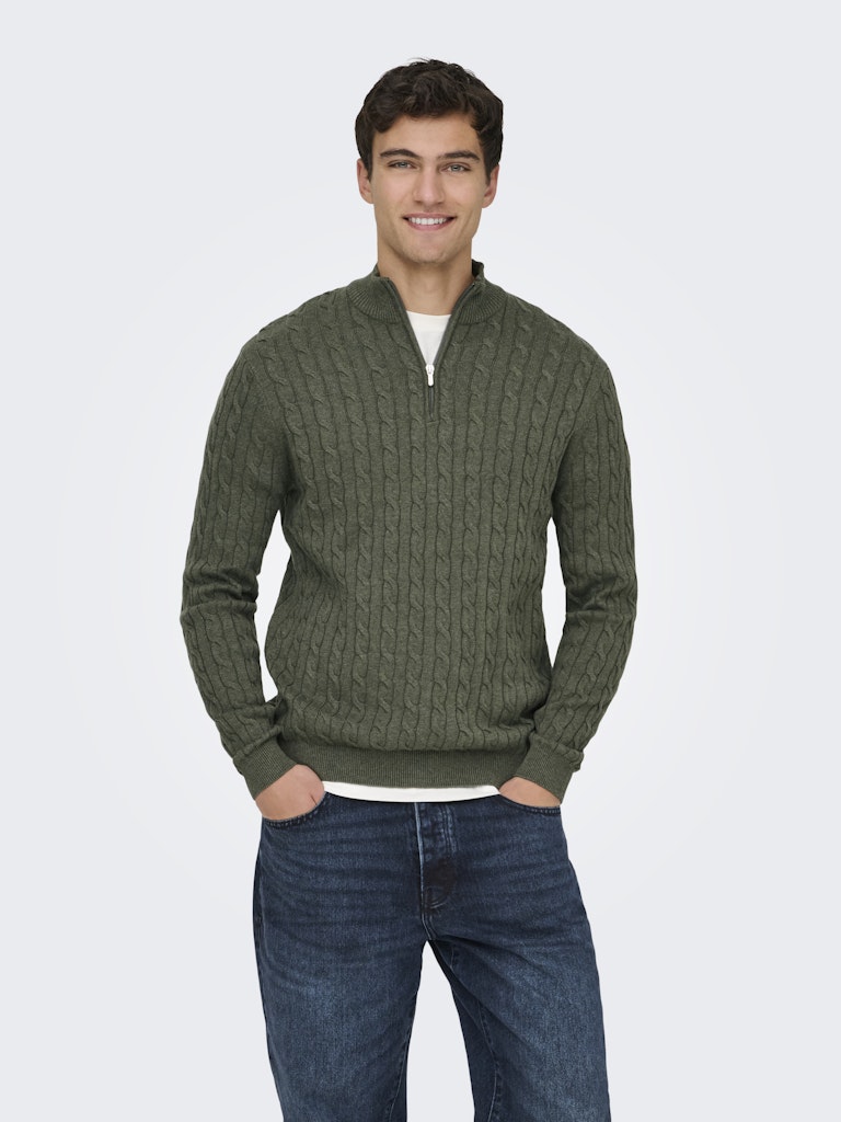 Only and Sons miesten neulepusero Loui Half Zip, Castor Gray Melange