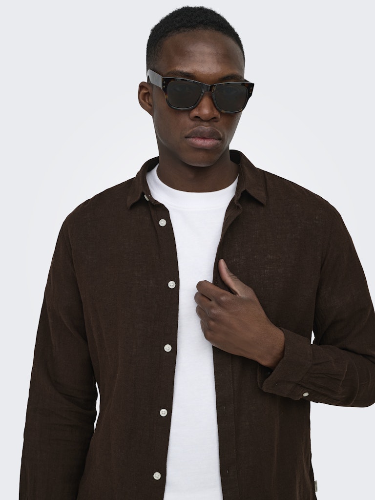 Only and Sons miesten kauluspaita ONSCaiden Life LS Solid Linen Blend H, Coffee Bean