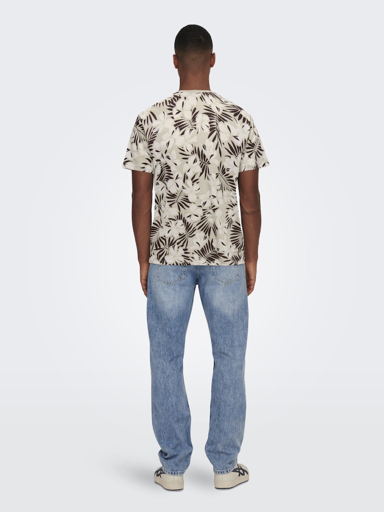 Only and Sons miesten t-paita OnsPerry Life Reg Leaf Aop SS Tee, Silver Lining + Coffee