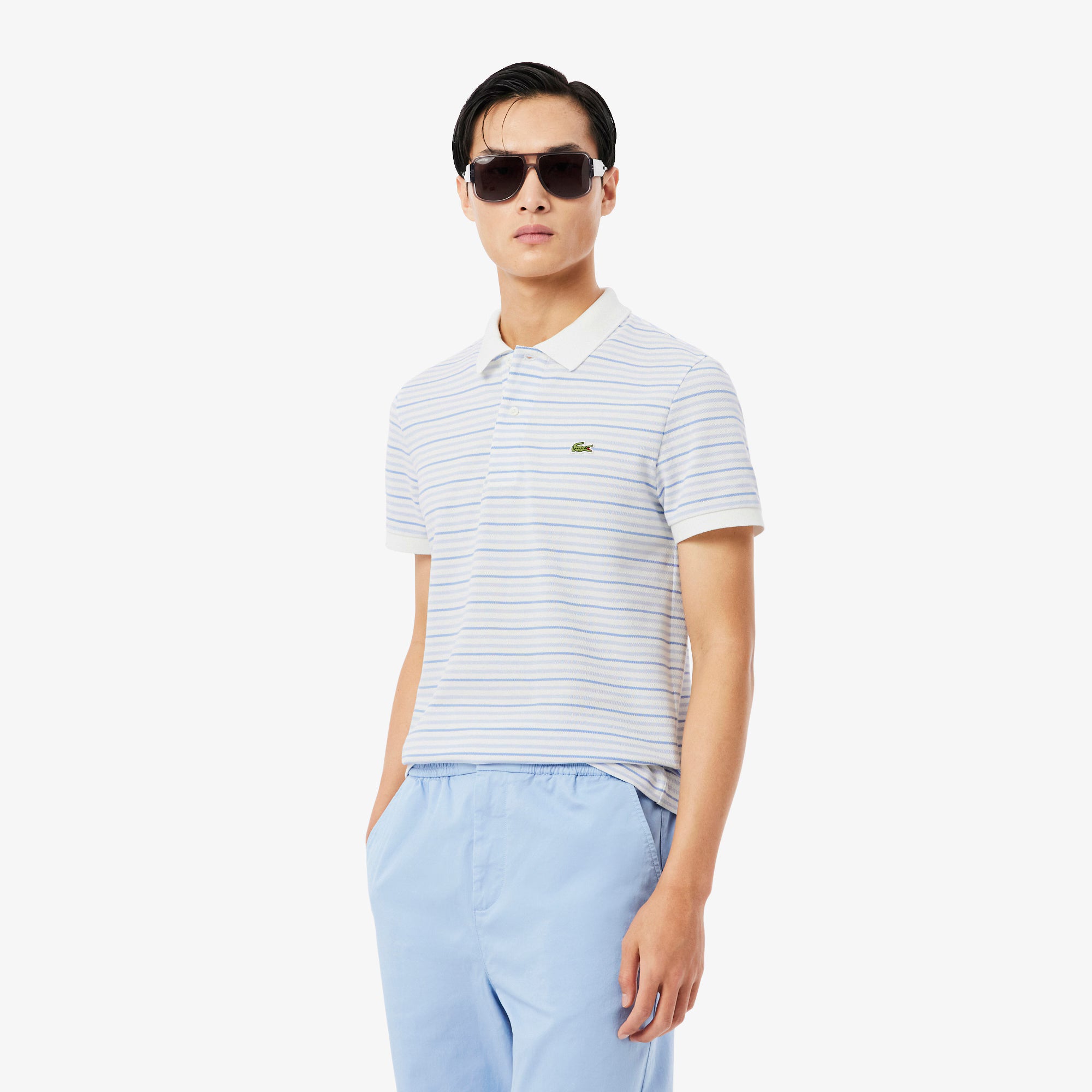 Lacoste miesten pikeepaita Striped Mini Piqué Polo, raidallinen valkoinen