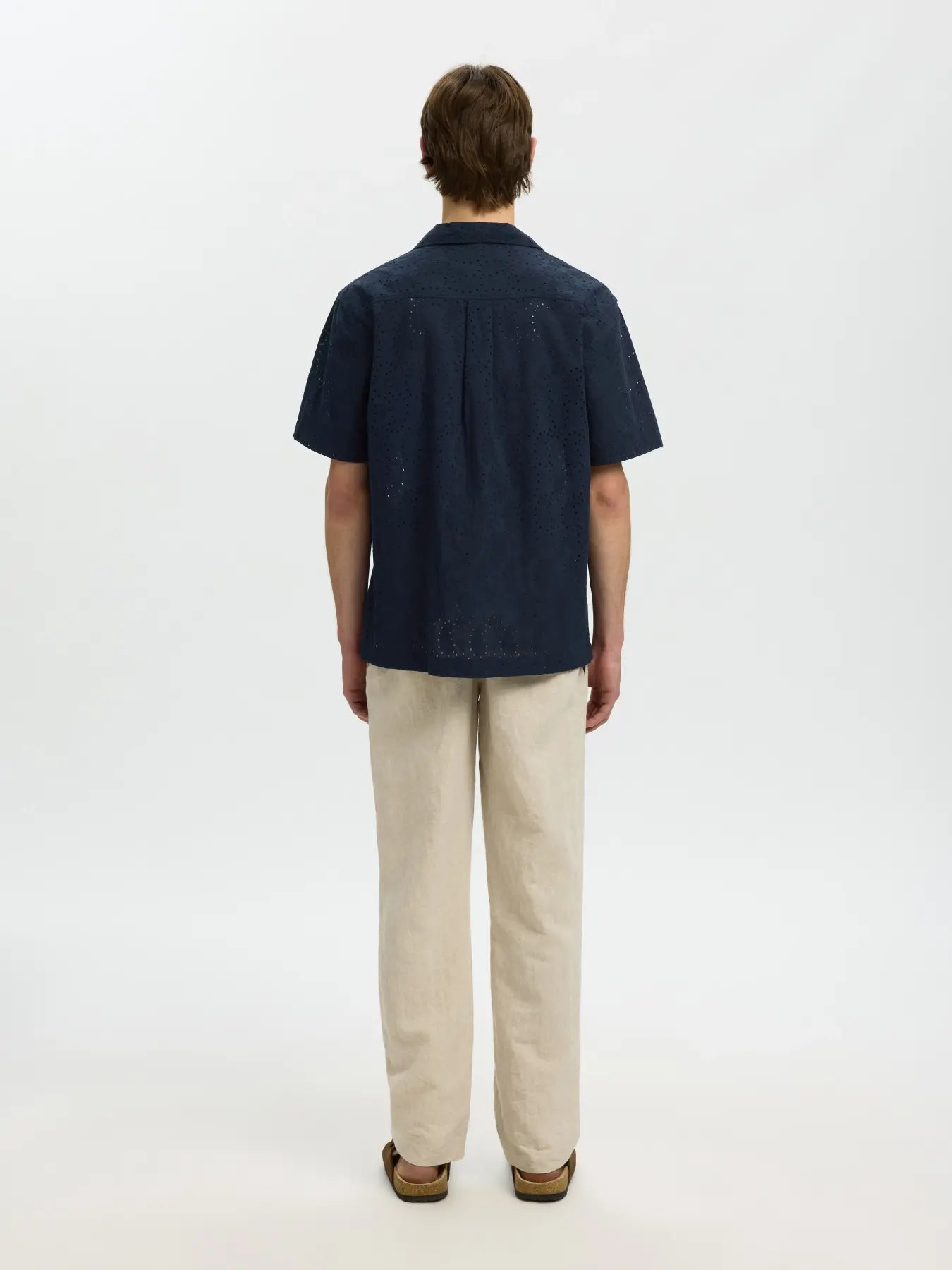 Selected miesten lyhythihainen kauluspaita Broderie SS Shirt, Sky Captain Paisley Embro