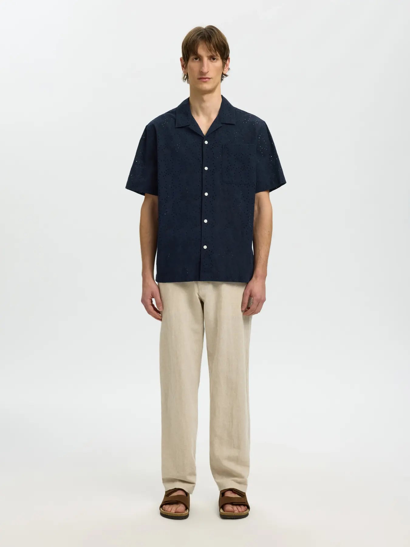 Selected miesten lyhythihainen kauluspaita Broderie SS Shirt, Sky Captain Paisley Embro