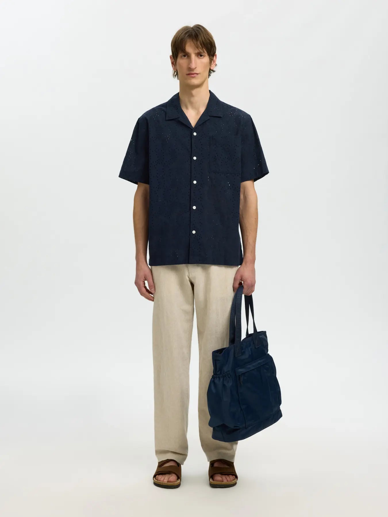 Selected miesten lyhythihainen kauluspaita Broderie SS Shirt, Sky Captain Paisley Embro