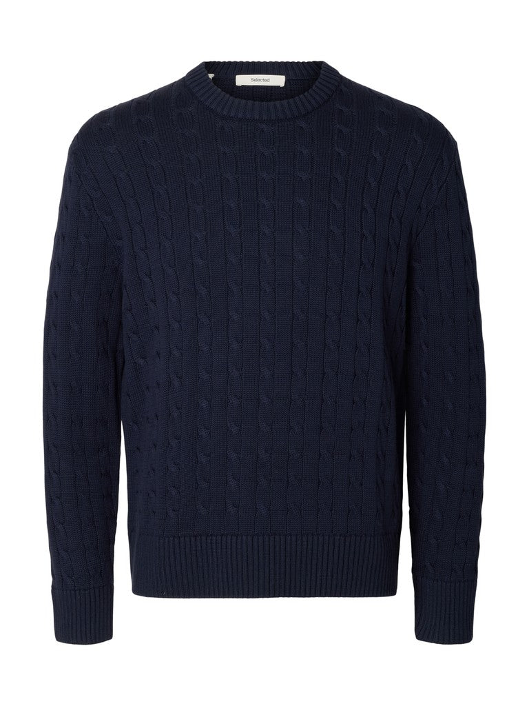 Selected miesten neulepusero Braun Knit Cable Crew, Navy Blazer