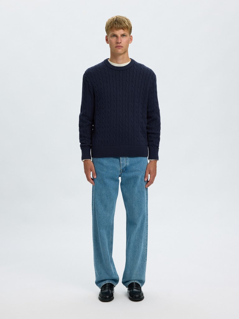 Selected miesten neulepusero Braun Knit Cable Crew, Navy Blazer