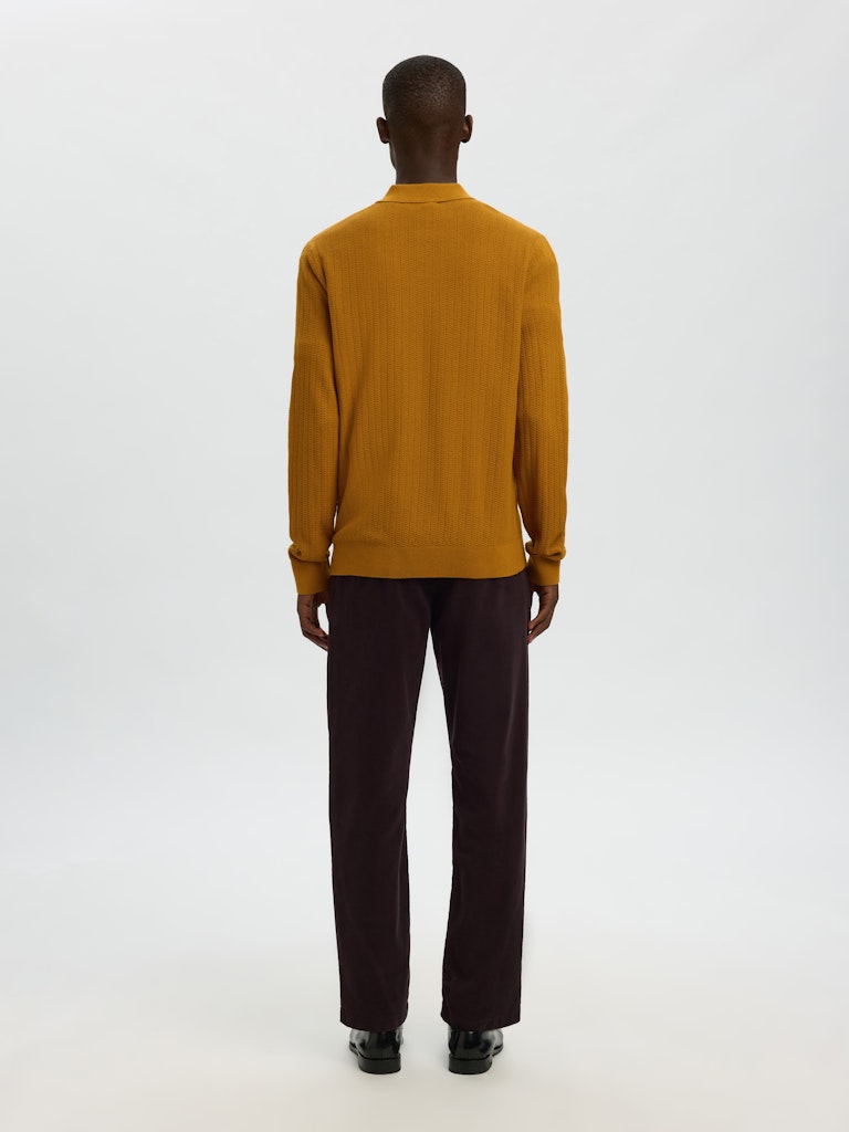 Selected miesten neulepusero SLHCRAN LS Knit Structure Half Zip Polo, Golden Brown