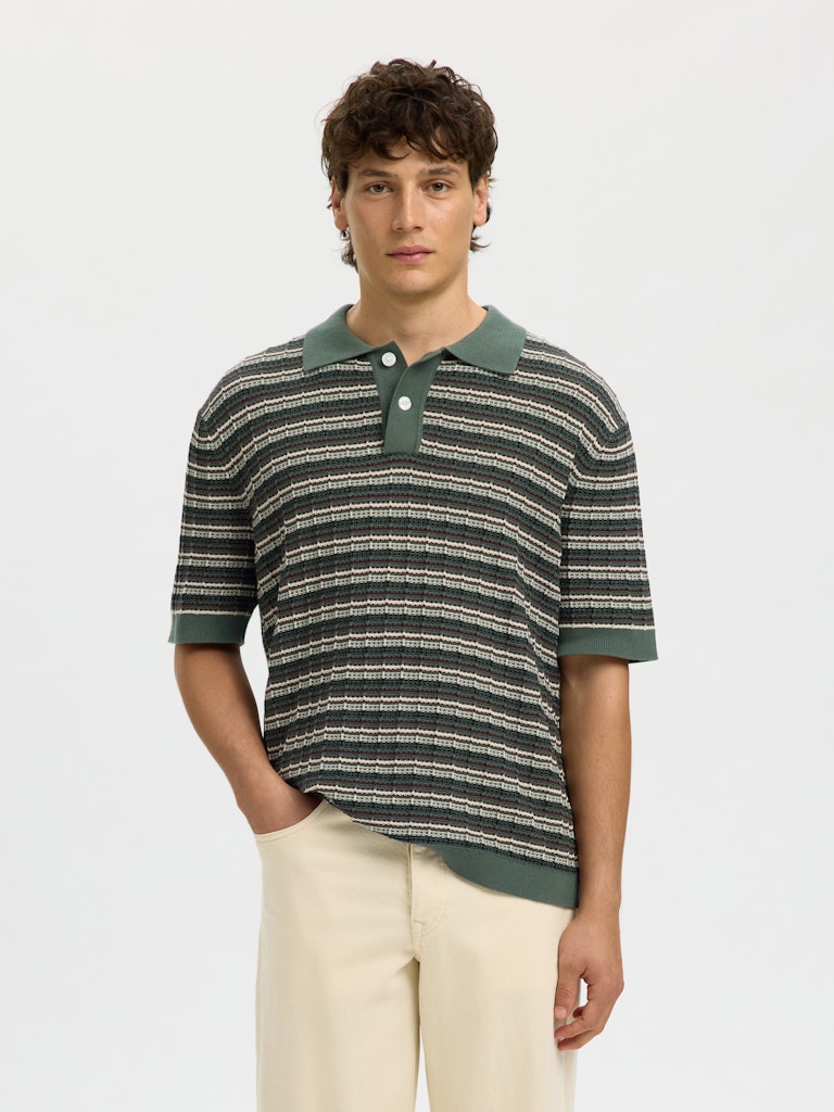 Selected miesten pikeepaita SLHDane SS Knit Color Structure Polo, Balsam Green Stripes