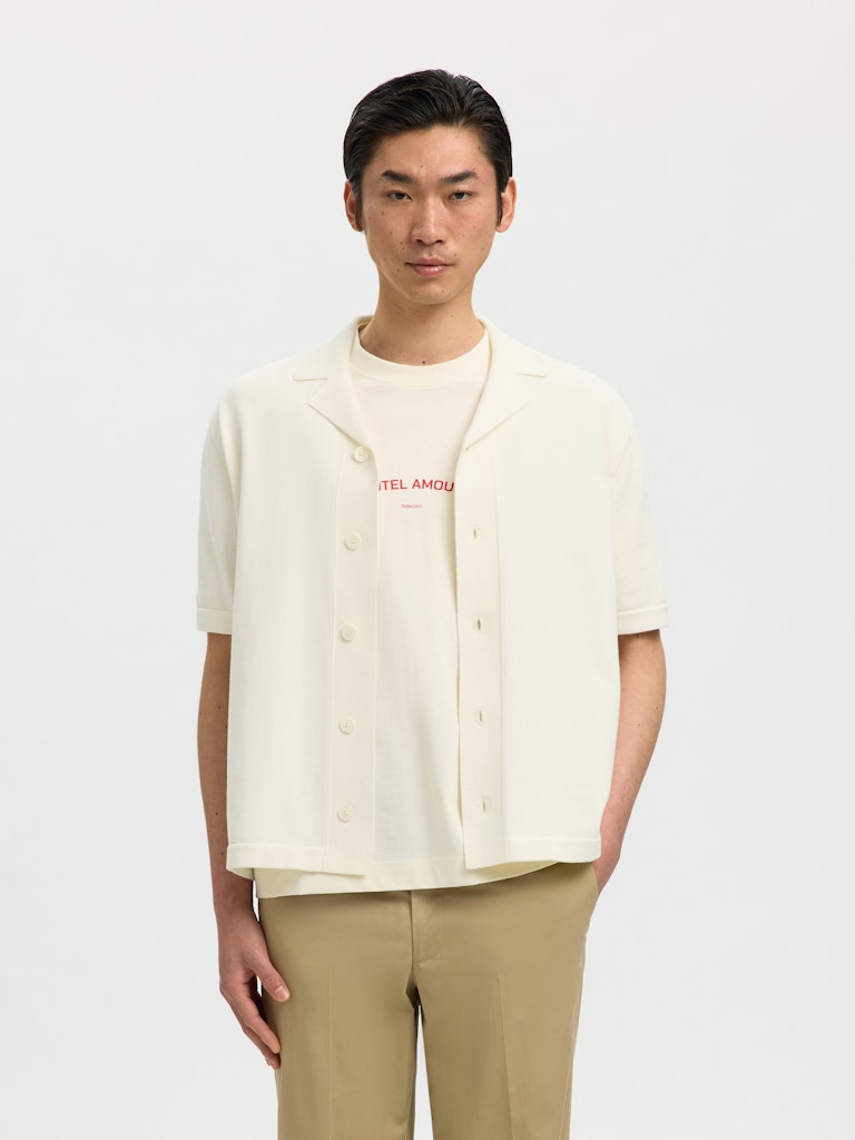 Selected miesten kauluspaita SLHAmour Intarsia Relaxed Polo Cardigan, Egret Artwork