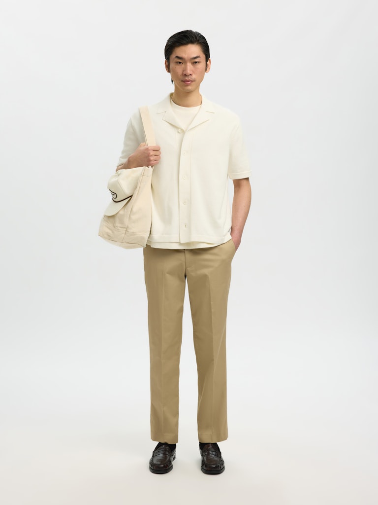 Selected miesten kauluspaita SLHAmour Intarsia Relaxed Polo Cardigan, Egret Artwork