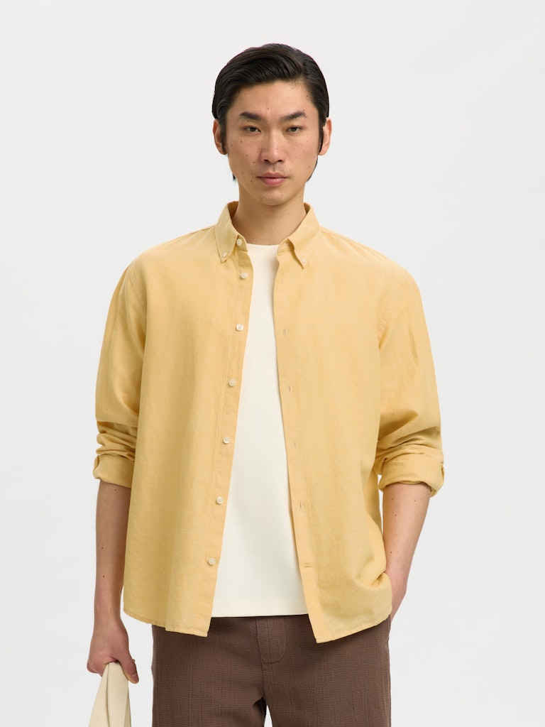 Selected miesten kauluspaita SlhRegClay Linenblend, Ochre w. White