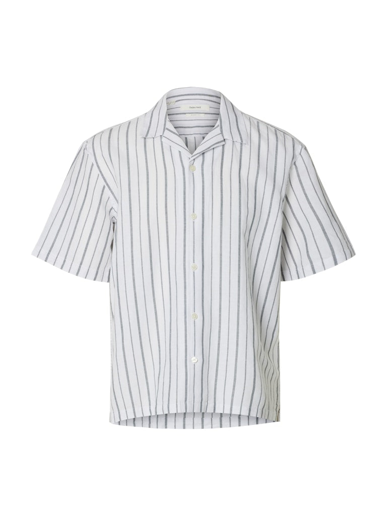 Selected miesten kauluspaita Resort Linen Blend SS Shirt K, Bright White Balsam Green