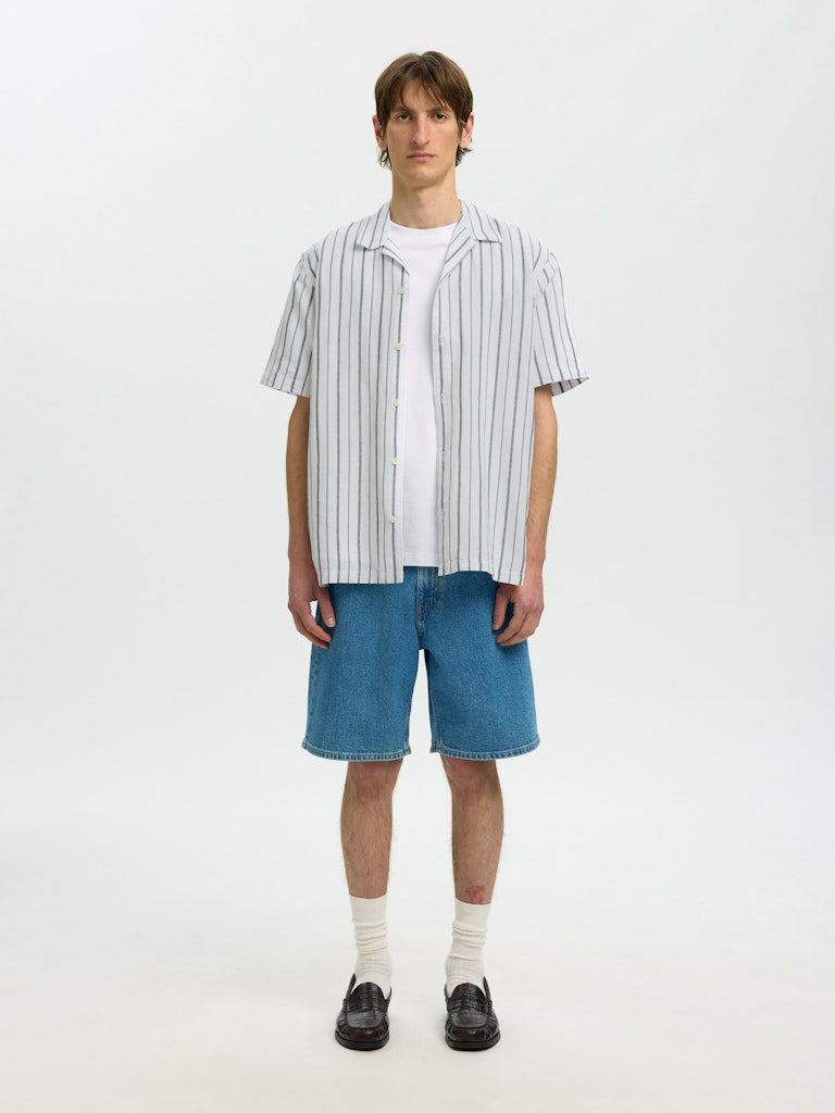 Selected miesten kauluspaita Resort Linen Blend SS Shirt K, Bright White Balsam Green