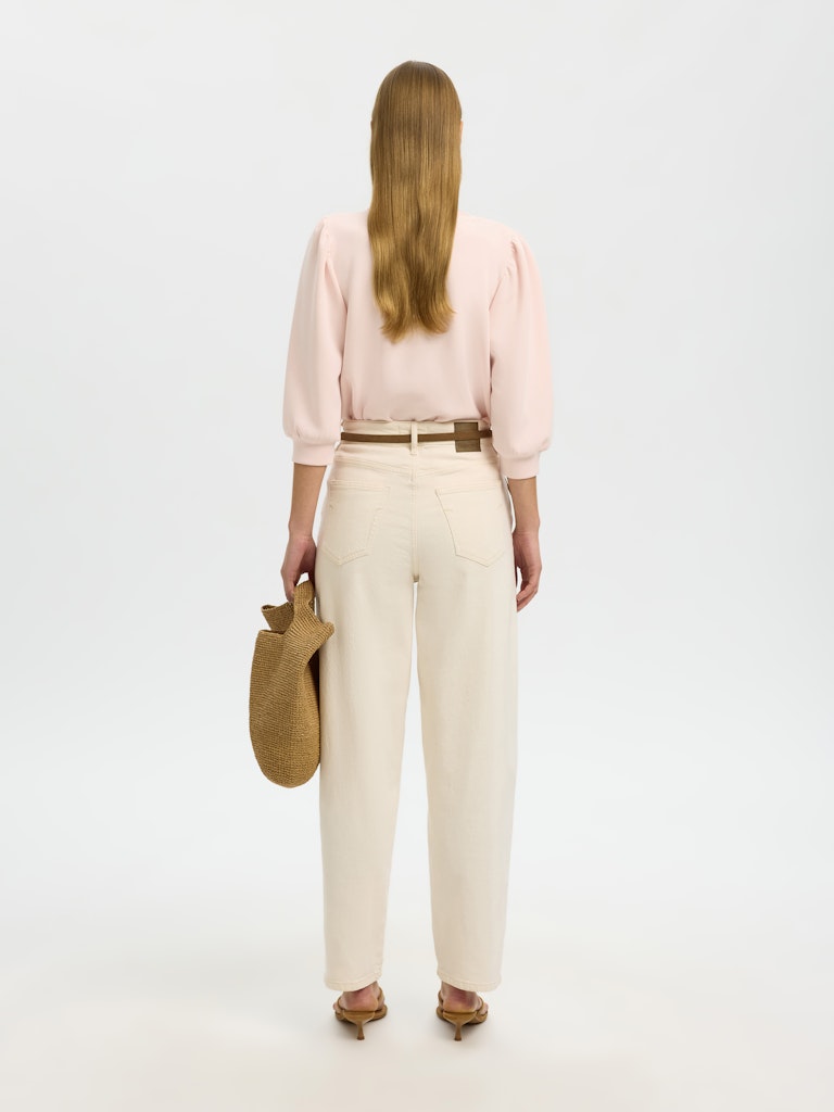 Selected Femme Naisten Pusero, SLFTENNY 3/4 SWEAT TOP NOOS Vaaleanpunainen, Pale Dogwood -sävyinen TENCEL-modalipusero, 3/4-pituiset puhvihihat takaa nähtynä.
